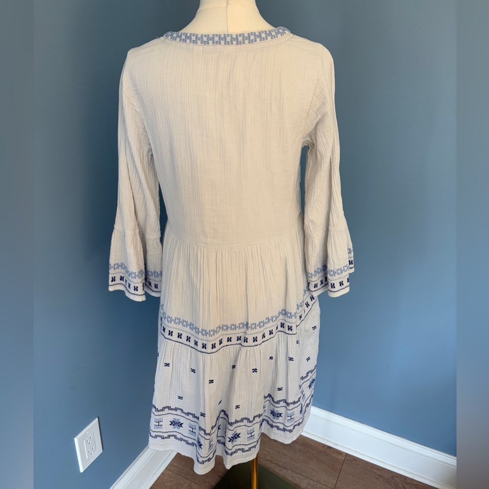 Fat Face Embroidered Boho Tunic Dress Cream Blue Cotton Tiered Mini Size 6 - Picture 6 of 9